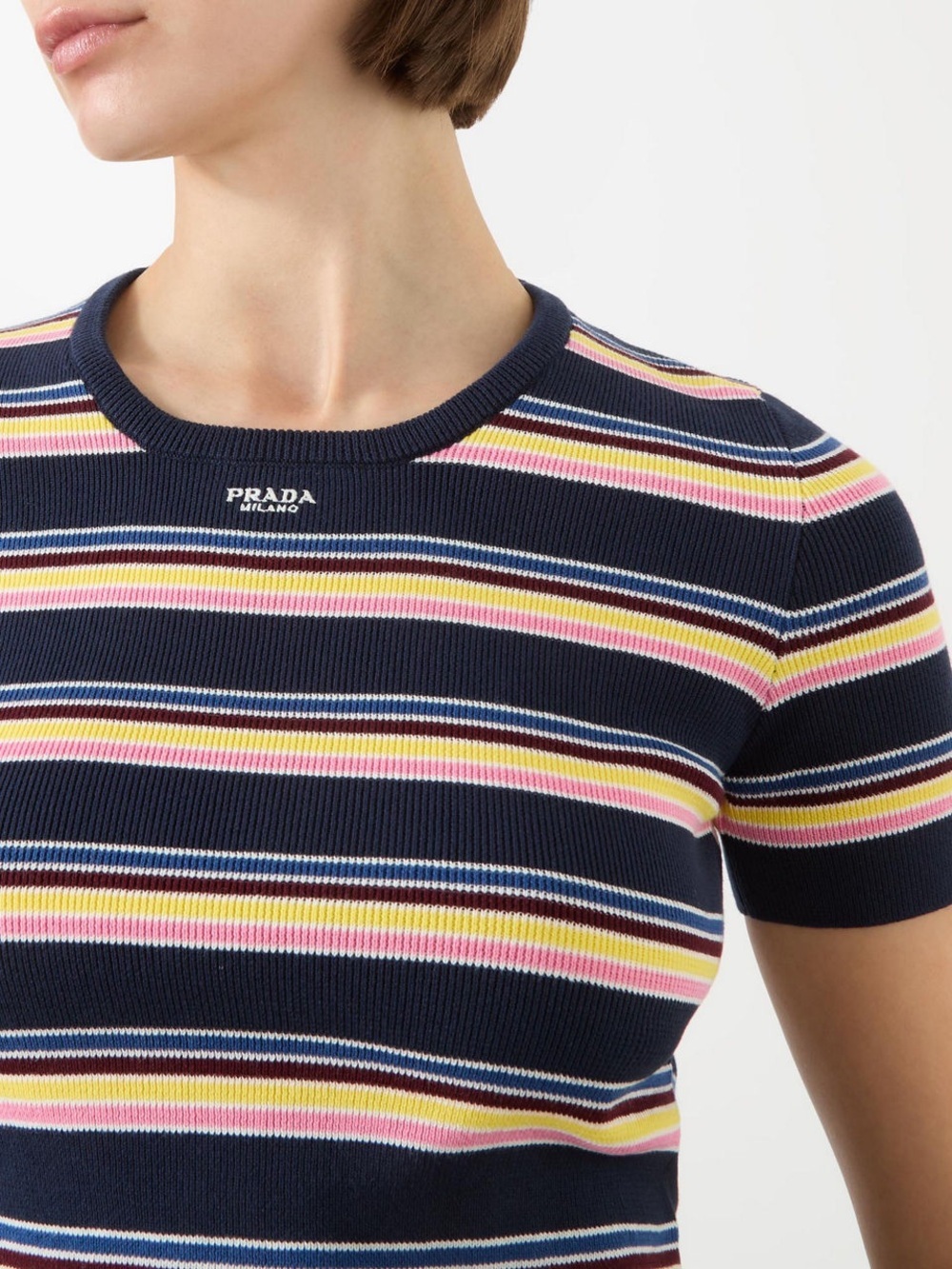 Prada Stripe Cotton Short-Sleeve Crewneck Sweater Blouse